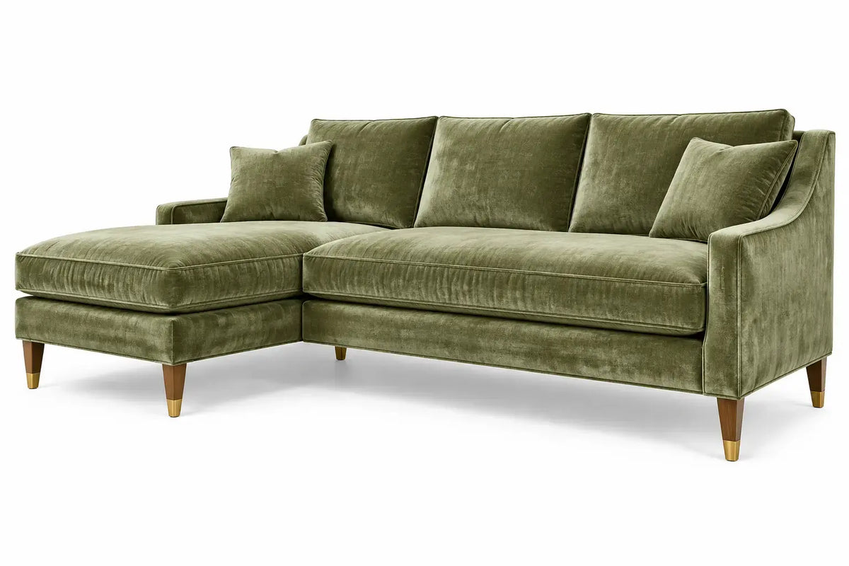 Soffa med förlängd schäslongdel – grön/brun